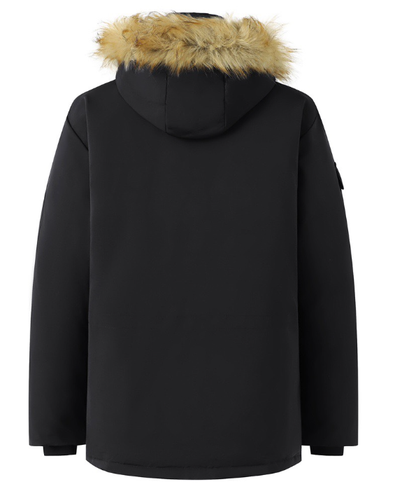 S&S Hooded Parka in Black with copper patches, back