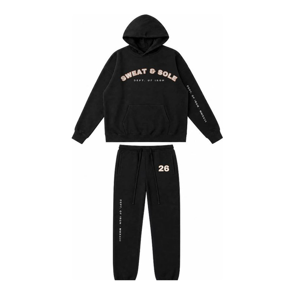 G3 Dept. of Iron hoodie and sweatpant set in Black, front