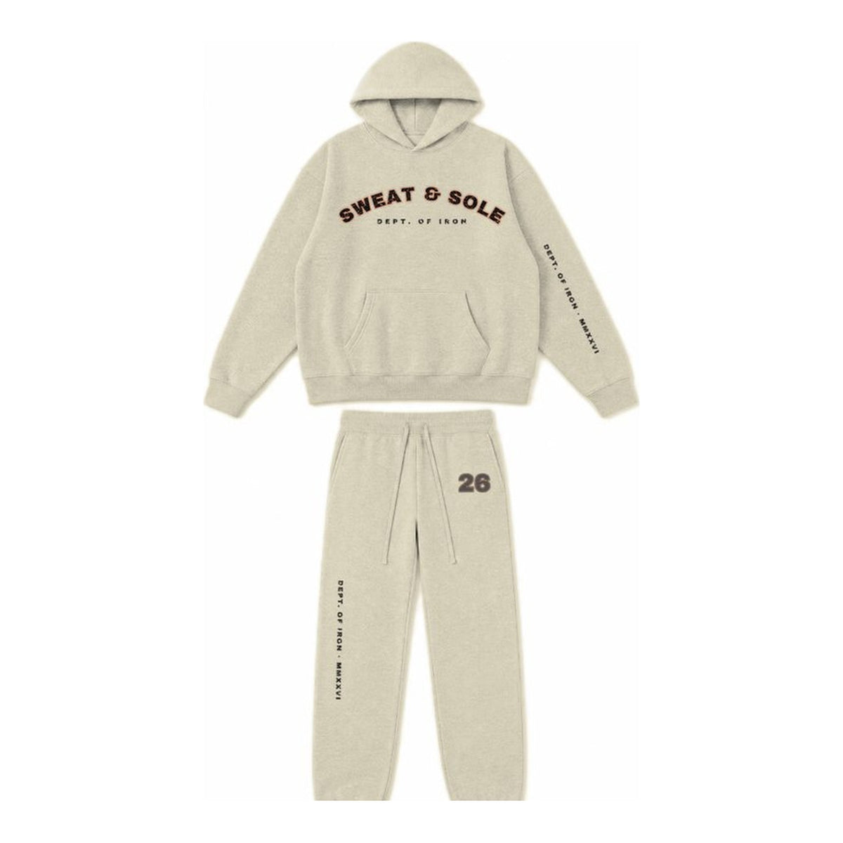 G3 Dept. of Iron hoodie and sweatpant set in Cream, front