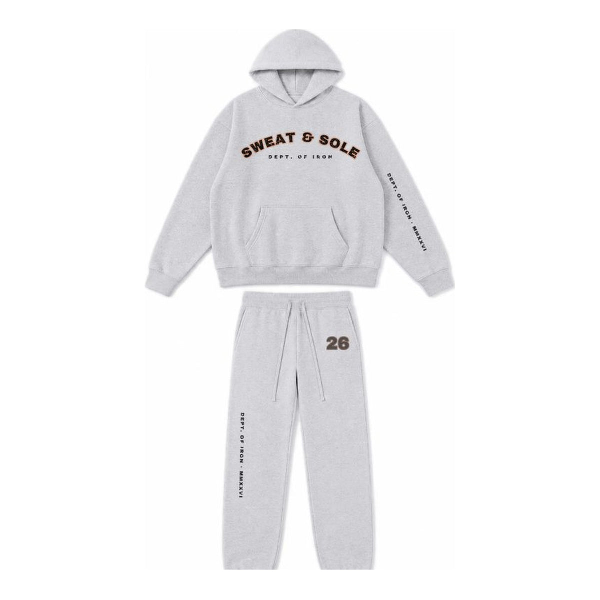 G3 Dept. of Iron hoodie and sweatpant set in Heather Grey, front