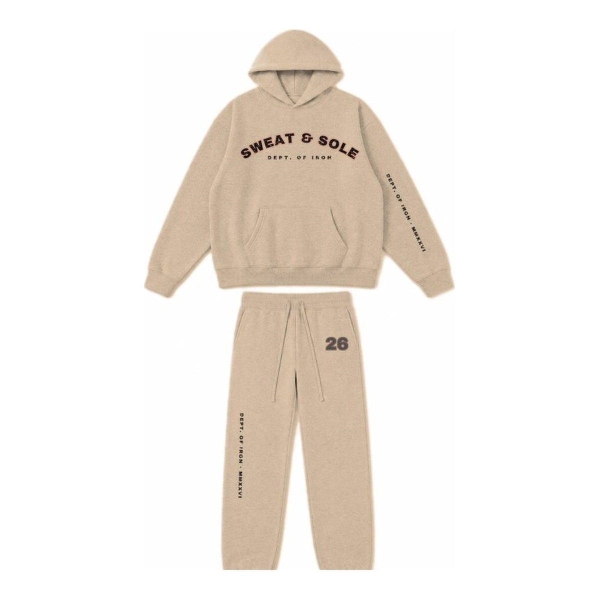 G3 Dept. of Iron hoodie and sweatpant set in Khaki, front