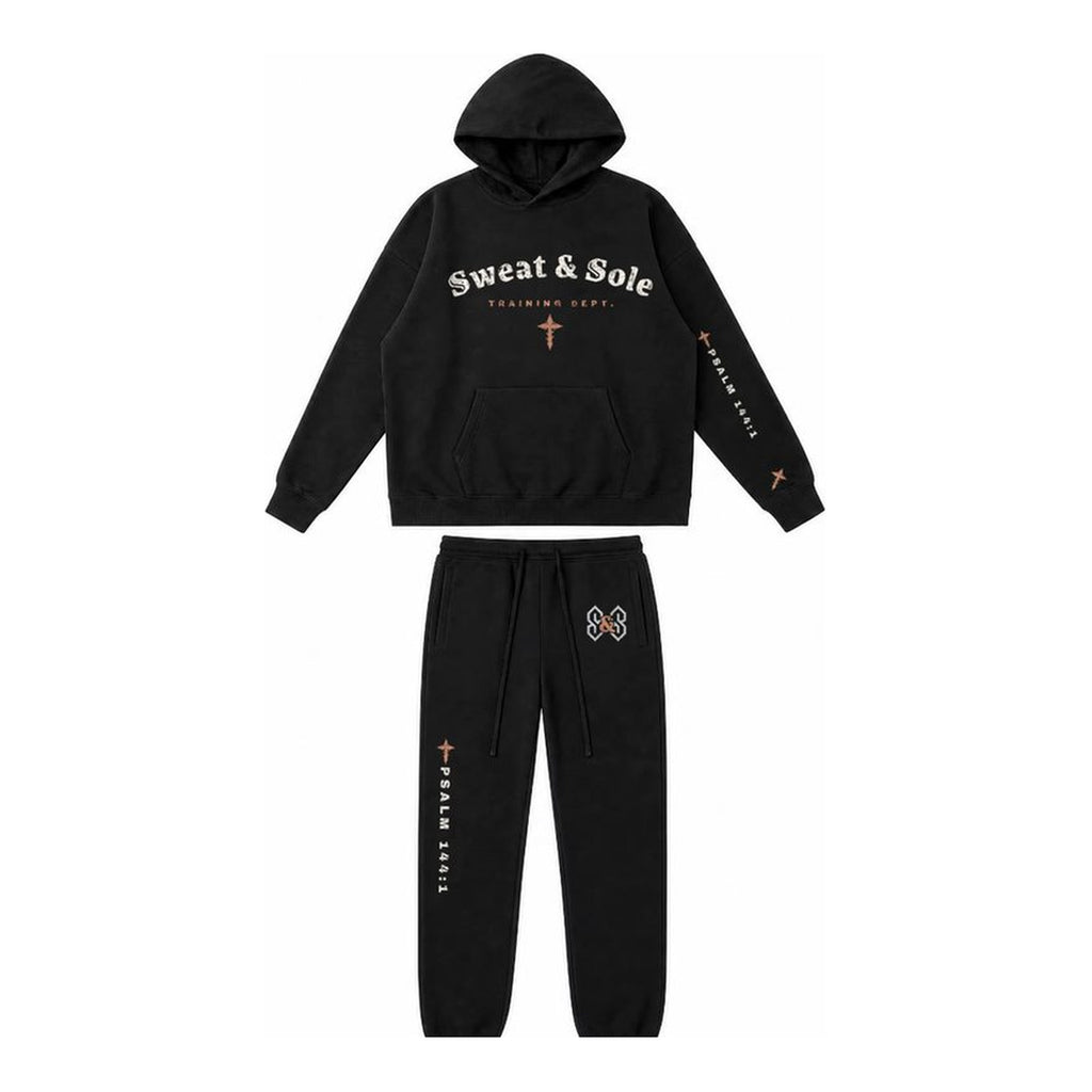 W1 Hands to War hoodie and sweatpant set in Black, front