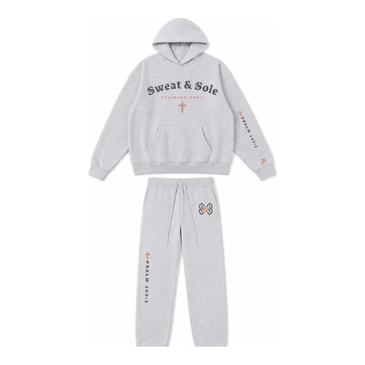 W1 Hands to War hoodie and sweatpant set in Heather Grey, front