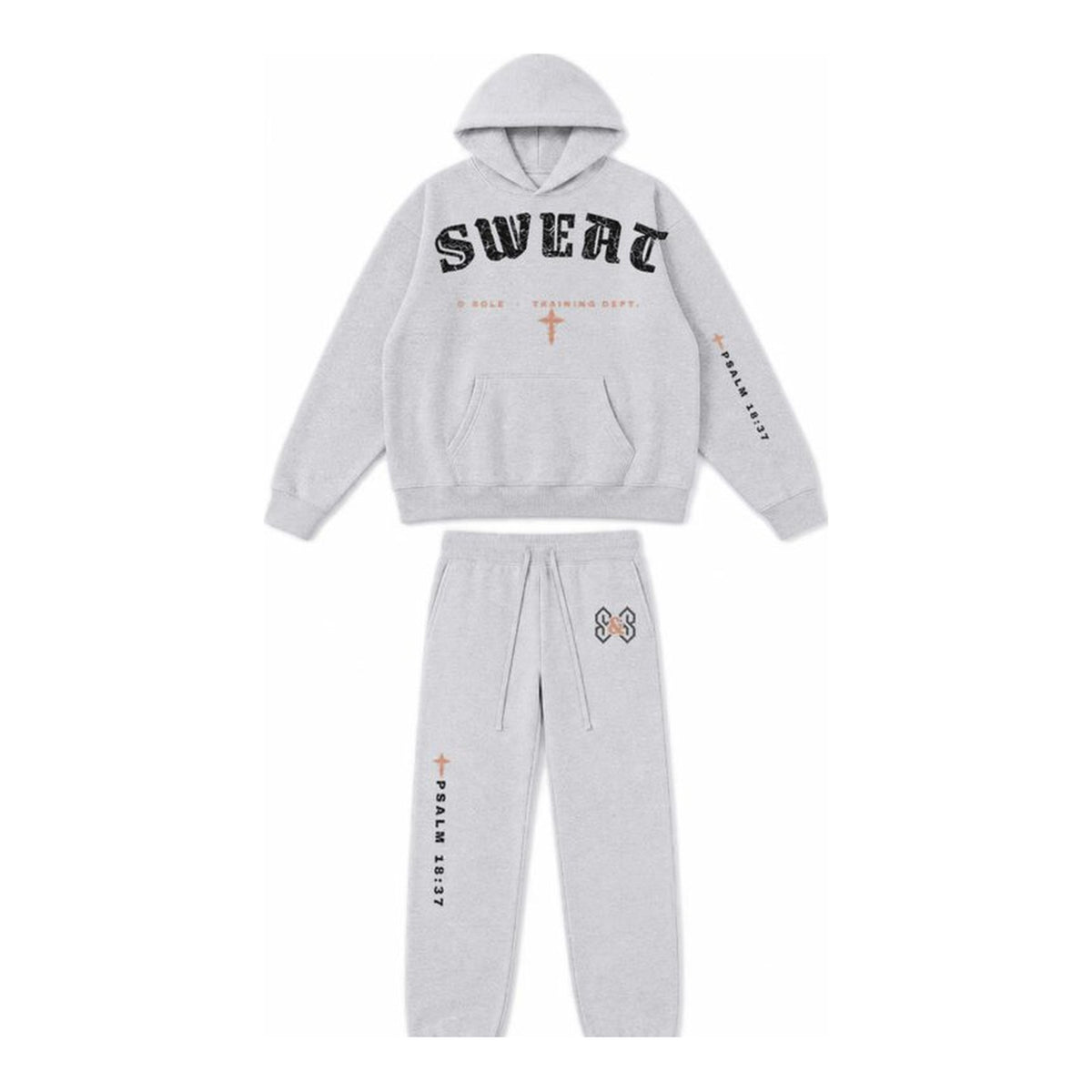 W4 Pursued Mine Enemies hoodie and sweatpant set in Heather Grey, front
